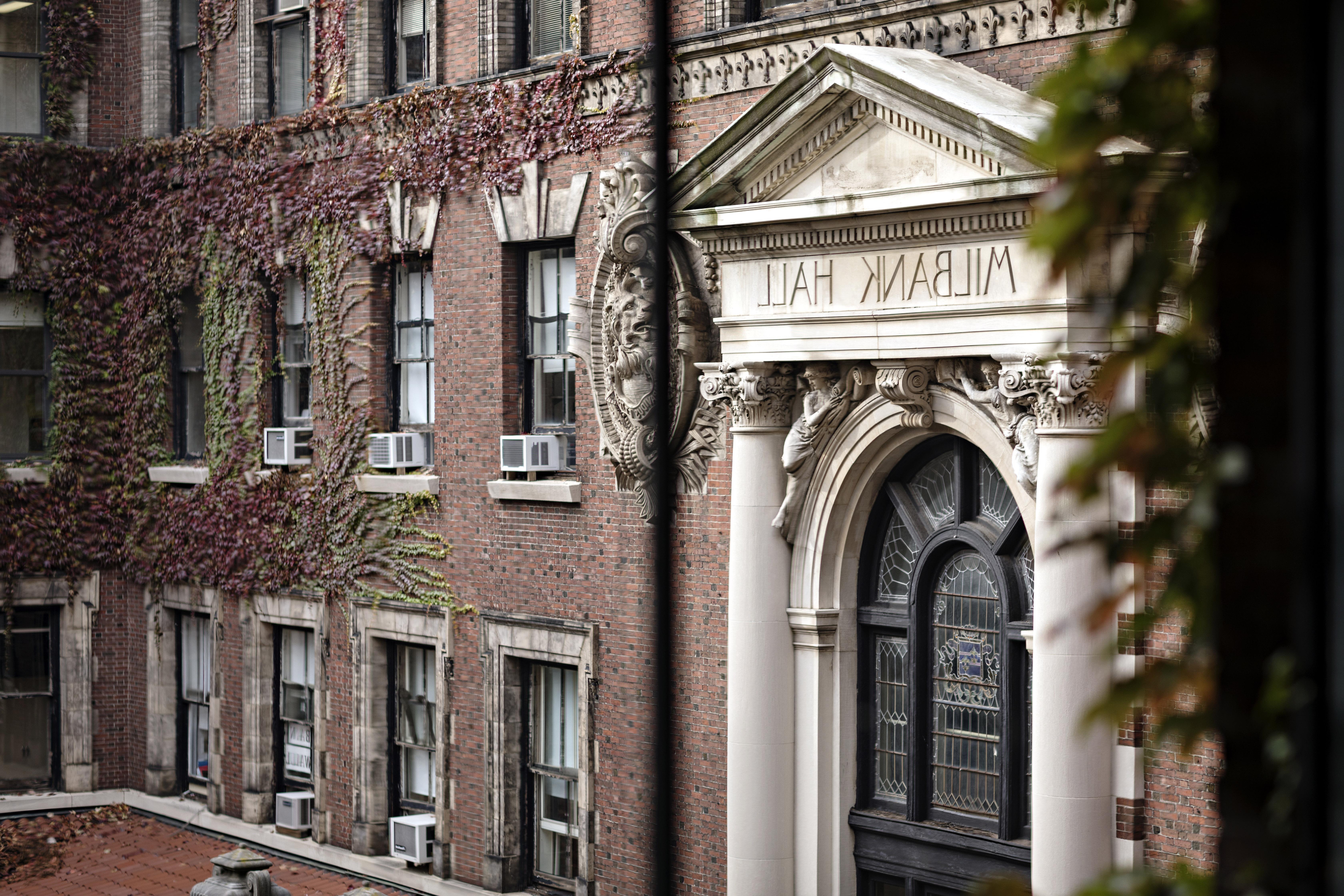 Side angled shot of Milbank Hall facade